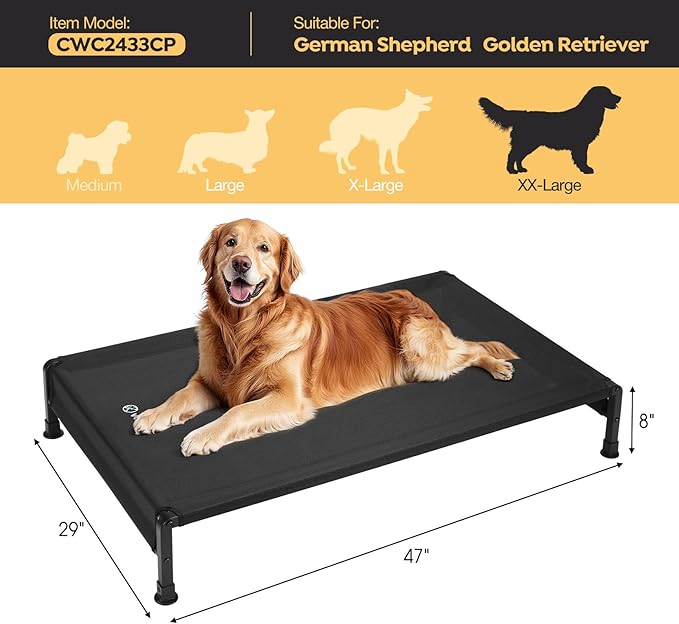 Veehoo Cooling Outdoor Dog Bed, Heavy Duty Elevated Pet Bed with Washable &amp; Breathable Teslin Mesh, Non-Slip Silicon Feet, Dog Cot Bed with Support Hem, 47" x 29", Black, CWC2433