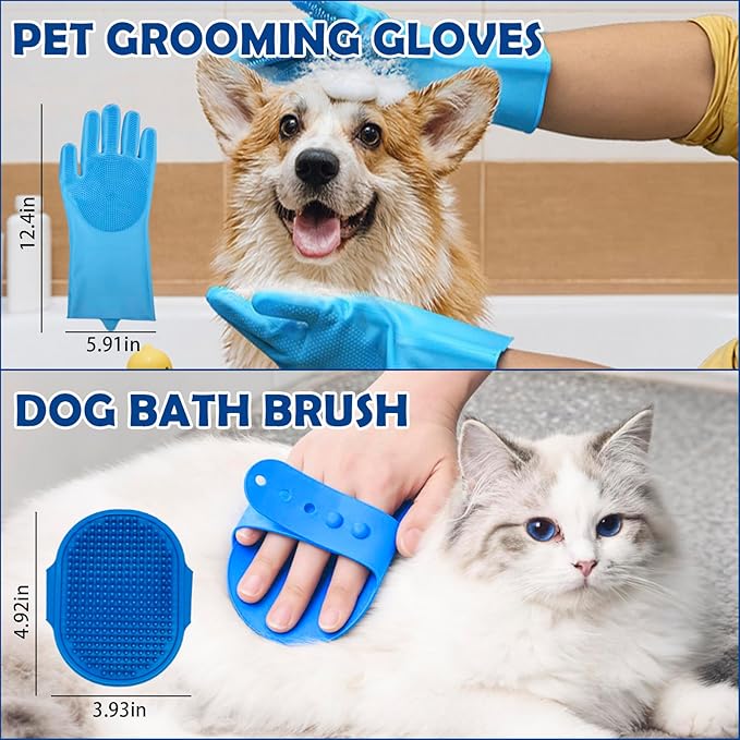 Dog Grooming Brush Set – 5-Piece Kit for Medium &amp; Long-Haired Dogs | Includes Long Pin Brush, Flea Comb, Bath Glove, Silicone Glove, Metal Comb | For Poodles, Huskies &amp; More (Blue)