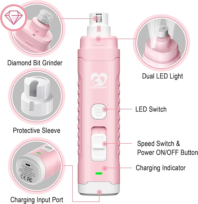 Casfuy Dog Nail Grinder with 2 LED Light for Large Medium Small Dogs - 3X More Powerful 2-Speed Electric Pet Nail Trimmer Rechargeable Quiet Painless Paws Grooming &amp; Smoothing Tool