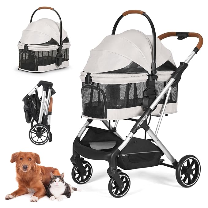 T6 Luxury Pet Stroller for Medium Dogs Up to 66lbs or 2 Small Pets – 3-in-1 Dog &amp; Cat Stroller with Removable Carrier, Foldable &amp; Lightweight (Beige &amp; Net Wall)