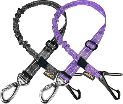 AUBELL Dog Seat Belt for Car,2 Pack Set 3-in-1 Adjustable Reflective Bungee Heavy Duty Dog Car Harness Tether with Clip Hook Latch &amp; Buckle,Swivel Zinc Alloy Carabiner,Black+Purple