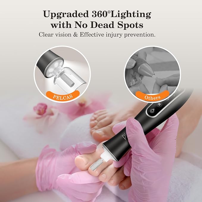 PELCAS Electric Nail Drills, Professional Cordless Nail File Kit with Light, 10 Speeds Manicure &amp; Pedicure Kit for Human, Pet, Thick Toenails, Natural &amp; Acrylic Nails Grey