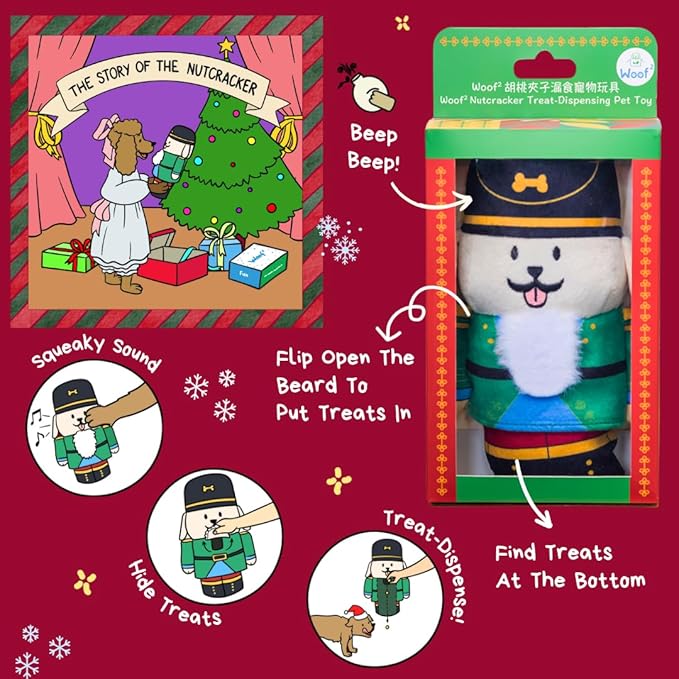 Nutcracker Treat-Dispensing Soft Plush Squeaky Pet Toy - Christmas/X’Mas Festive Enrichment Gift, Durable Cute&amp;Fun Toy for Interactive Play,Hide Food for Nose-Work Puzzle, Small Medium Dogs
