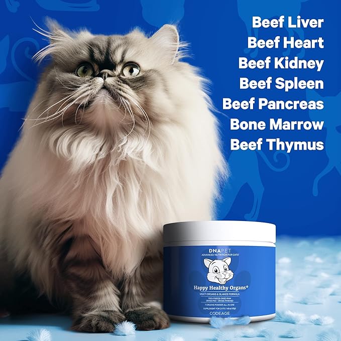 Happy Healthy Organs &amp; Glands Supplement For Cats, Freeze-Dried Raw Bovine Liver Grass-Fed Bone Marrow Heart Kidney Pancreas, Bovine Thymus Iron Multi Organ Powder, Joints Cat Vitamins 1.48 oz