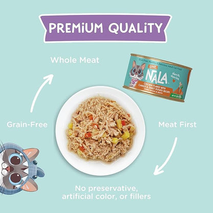 LOVE, NALA - Natural Adult Cat Wet Food - FLAKED Chicken with Carrot &amp; Sweet Potato in Broth - Grain Free, Non-GMO, Lean Protein, Digestive Fiber Blend, Added Minerals &amp; Vitamins - 12 Pack, 2.4 lbs.