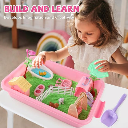 21 PCS Pet Sensory Bin, Dog &amp; Cat Sandbox with Sand &amp; Box, Play Sand Art Toys Kit, Pet Care Play Set, Beach Toys for Kids Ages 4-8, Birthday Gift Girls Boys 3 4 5 6 7 Years Old
