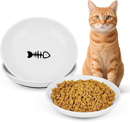 Ceramic Cat Food Bowls - 2 Pack Shallow Plates for Wet Food, Whisker-Friendly Feeding Dish with Non-Slip Silicone Base, Microwave &amp; Dishwasher Safe for Indoor Cats &amp; Kittens