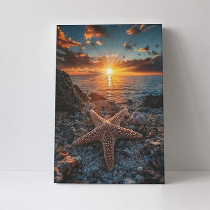 Beach Starfish Wall Decor Ocean Starfish Wall Art Sunset Scenery Coastal Theme Pictures Canvas Nature Seascape Painting Print Framed Artwork Decorations for Home Bathroom Living Room Bedroom Office 16"x24"