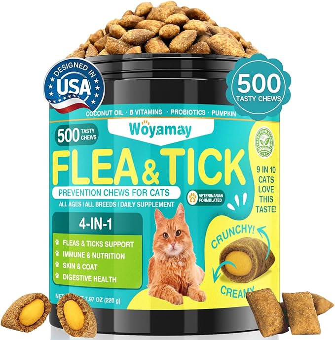 4-IN-1 Flea and Tick Prevention for Cats, 500 Crunchy &amp; Creamy Chews, Cat Flea Treatment, Natural Oral Flea Treatment for Cats, Daily Support for Flea, Immune, Skin &amp; Coat, Gut, Chicken Flavor