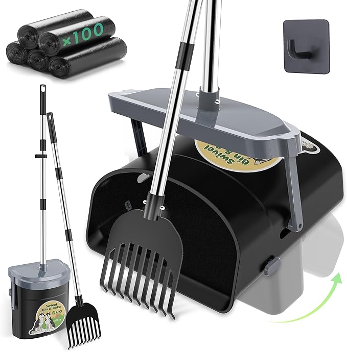 UPSKY Dog Pooper Scooper Swivel Bin &amp; Rake Kit with 100 Waste Bags,33.4" Stainless Steel Long Handle Heavy Duty Pet Poop Shovel for Large Medium Small Dogs, Odor-Proof Lid for Yard/Lawn/Outdoor Use