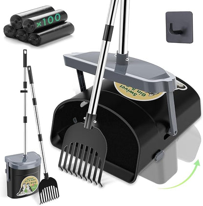 UPSKY Dog Pooper Scooper Swivel Bin &amp; Rake Kit with 100 Waste Bags,33.4" Stainless Steel Long Handle Heavy Duty Pet Poop Shovel for Large Medium Small Dogs, Odor-Proof Lid for Yard/Lawn/Outdoor Use