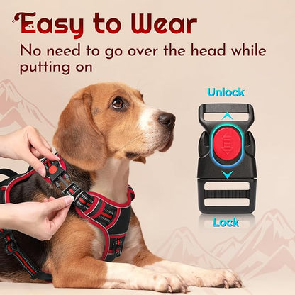 Eagloo Dog Harness for Large Dogs, Easy Wearing with 3 Buckles, Adjustable No Pull Pet Harness with 2 Rings for Walking, No Chock Reflective Soft Padded Vest with Control Handle, Black &amp; Red, XL