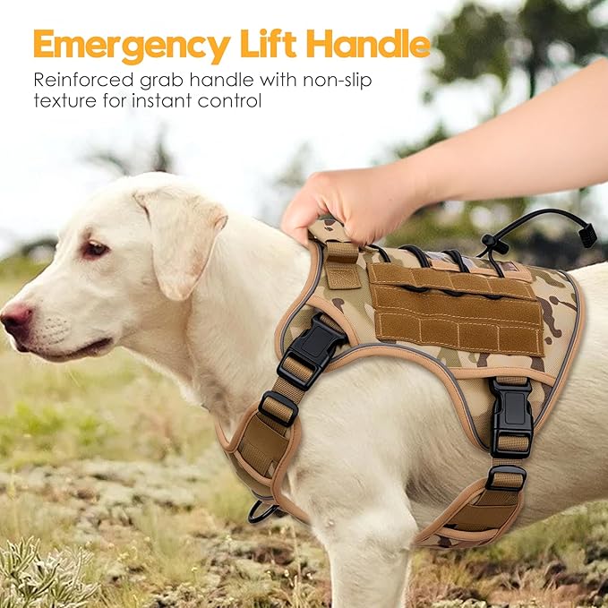 Heavy-Duty Tactical Dog Harness for Large Dogs, No Pull Adjustable Reflective Pet Vest with Molle System, K9 Military-Grade Control for Service Training, Outdoor &amp; 10+ Breeds, Desert Camo, X-Large