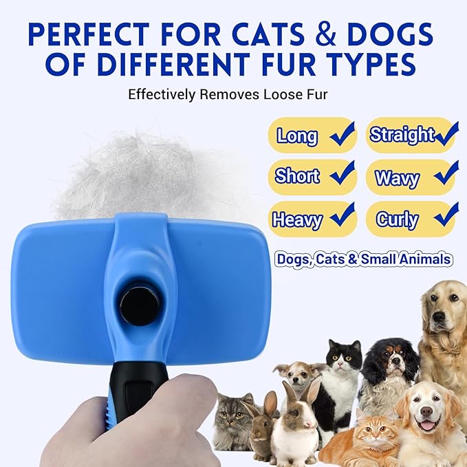 Large Self Cleaning Deshedding Brush for Dogs &amp; Cats - One Button Hair Release Grooming Tool, Gentle Massage Brush for Long and Short Hair (Blue)