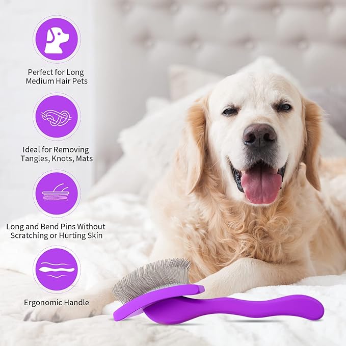 Dog Slicker Brush for Shedding and Grooming Medium or Long Haired Cats, Extra Long &amp; Soft Pin Slicker Brush for Removes Loose Hair, Tangles, Knots, Undercoat, Free Pet Comb, Large Purple