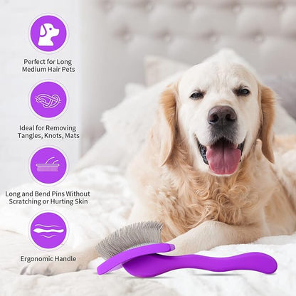 Dog Slicker Brush for Shedding and Grooming Medium or Long Haired Cats, Extra Long &amp; Soft Pin Slicker Brush for Removes Loose Hair, Tangles, Knots, Undercoat, Free Pet Comb, Large Purple