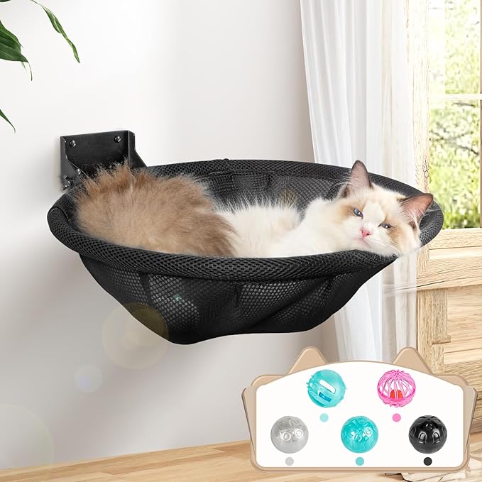 Cat Hammock Wall Mounted, Foldable &amp; Stable Cat Beds- Breathable Cat Wall Shelves for Sleeping, Playing, Climbing, and Lounging - Maximum Hold Up to 30lb (Black)