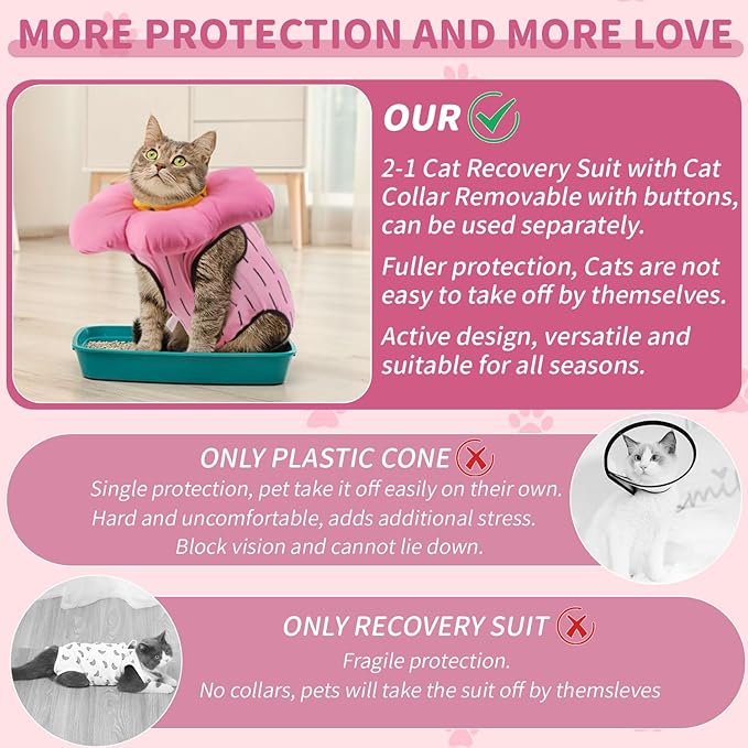EMUST Cute Cat Recovery Suit &amp; Cone Collar Set - Soft, Adjustable Flower Collar for Female Kittens Under 4lb (Pink, S)