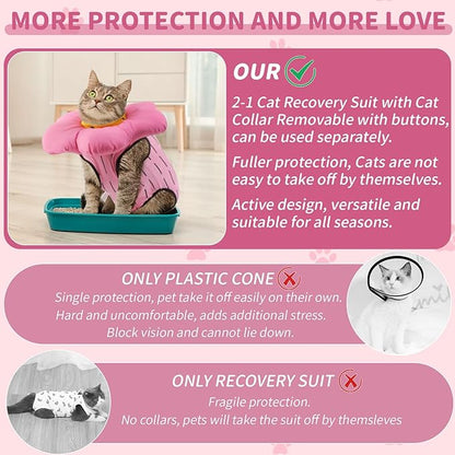 EMUST Cute Cat Recovery Suit &amp; Cone Collar Set - Soft, Adjustable Flower Collar for Female Kittens Under 4lb (Pink, S)