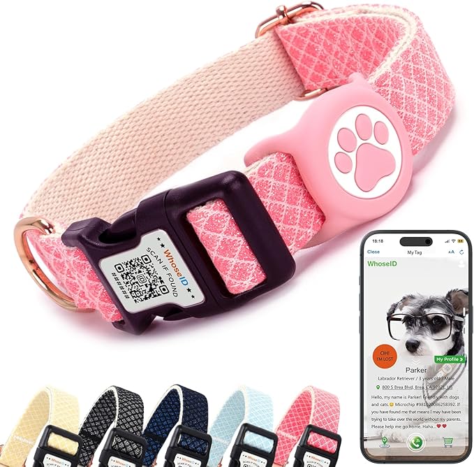 Dog Collar with Waterproof AirTag Holder &amp; Anti-Lost QR Code, Cute Bling Warpping Adjustable Width for Small Medium Large Pet (Red, L)