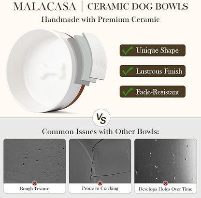MALACASA Ceramic Dog Bowls, Dog Bowls for Medium Sized Dogs with Wood Stand - Pet Food &amp; Water Bowl Set for Cat Medium Dogs, Weighted Glaze Matte.34 OZ (M-3.5 Cups)