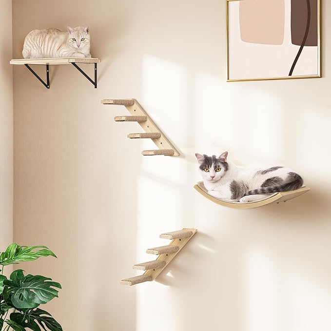 Wall Mounted Cat Shelves Stairs Set, 4 Piece Wood Cats Wall Furniture with Sisal Cat Window Perch, Flat Perch &amp; Dual 4-Step Ladders for Climbing &amp; Scratching