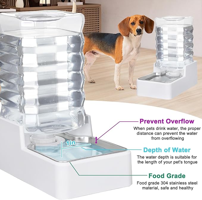 Dog Cat Water Dispenser: 8L White Upgraded Gravity Feeder with Stainless Steel Bowl - BPA-Free Large Capacity for Medium/Large Pets - Indoor &amp; Outdoor Use