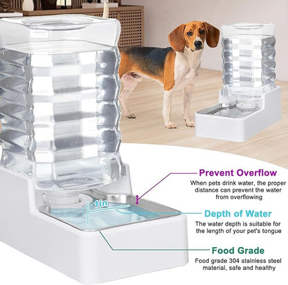 Dog Cat Water Dispenser: 8L White Upgraded Gravity Feeder with Stainless Steel Bowl - BPA-Free Large Capacity for Medium/Large Pets - Indoor &amp; Outdoor Use