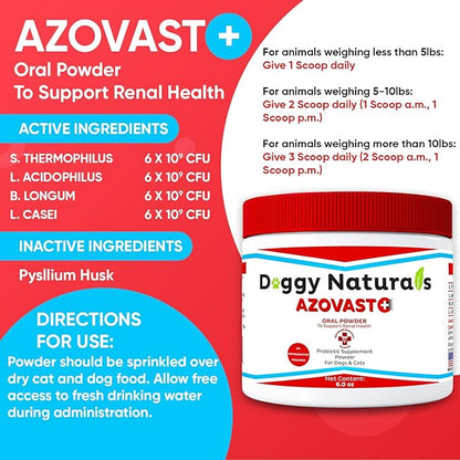 Azovast Plus Kidney Health Supplement for Dogs &amp; Cats, Oral Powder (6 Oz) - (120 Doses/Jar) NO Refrigeration Required - Help Support Kidney Function &amp; Manage Renal Toxins (Made in U.S.A) (6 Oz)