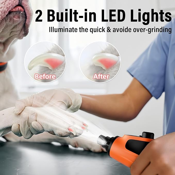 Casfuy Smart 6-Speed Dog Nail Grinder - 50% More Power Pet Nail Grinder with 2 LED Lights Quiet Rechargeable Electric Dog Nail Trimmers File Toenail Grinder for Large Medium Small Dogs &amp; Cats(Orange)