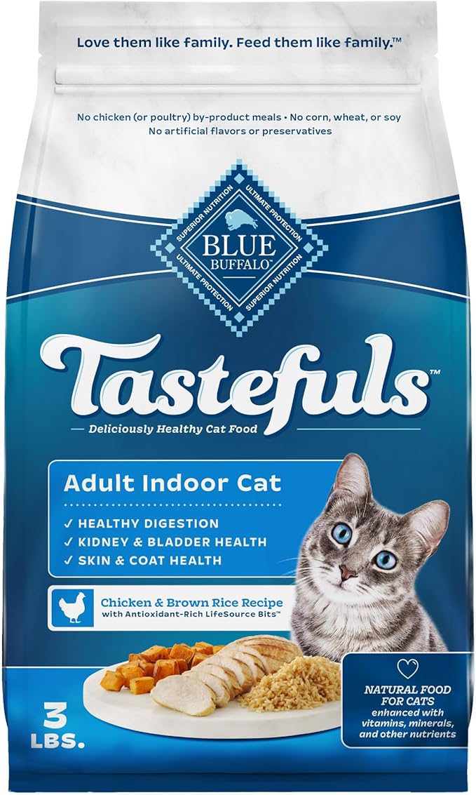 Blue Buffalo Tastefuls Adult Dry Cat Food Indoor Cat Formula, Made in the USA with Natural Ingredients, Chicken &amp; Brown Rice Recipe, 3-lb. Bag
