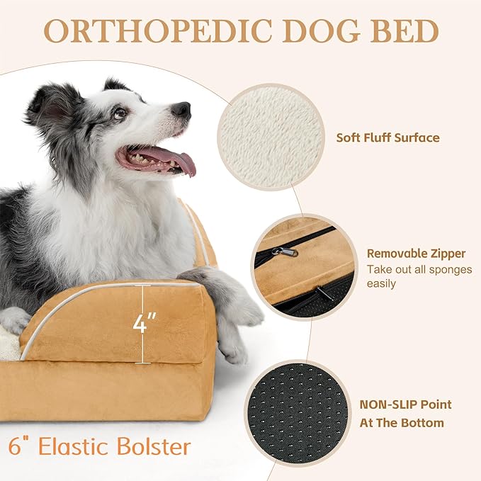 Comfort Expression Large Dog Beds Waterproof Orthopedic Foam Dog Sofa Beds Comfy Pet Bed with Washable Removable Cover &amp; Non-Slip Bottom(Large,Khaki)