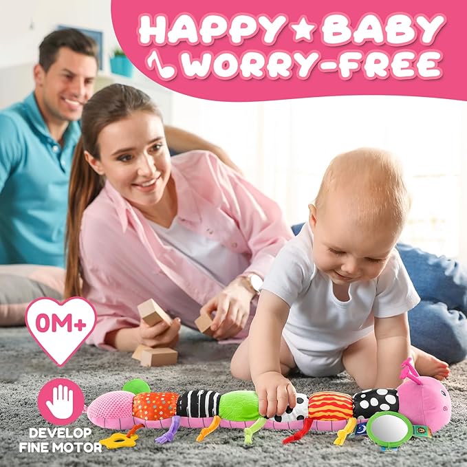 Baby Toys 0-6-12 Months,Musical Caterpillar Stuffed Animals Activity Infant Toys with Crinkle,Rattles,Mirror&amp;Pull String,Muti-Sensory Toys Gifts for Newborn Tummy Time,Pink,Knot prolegs