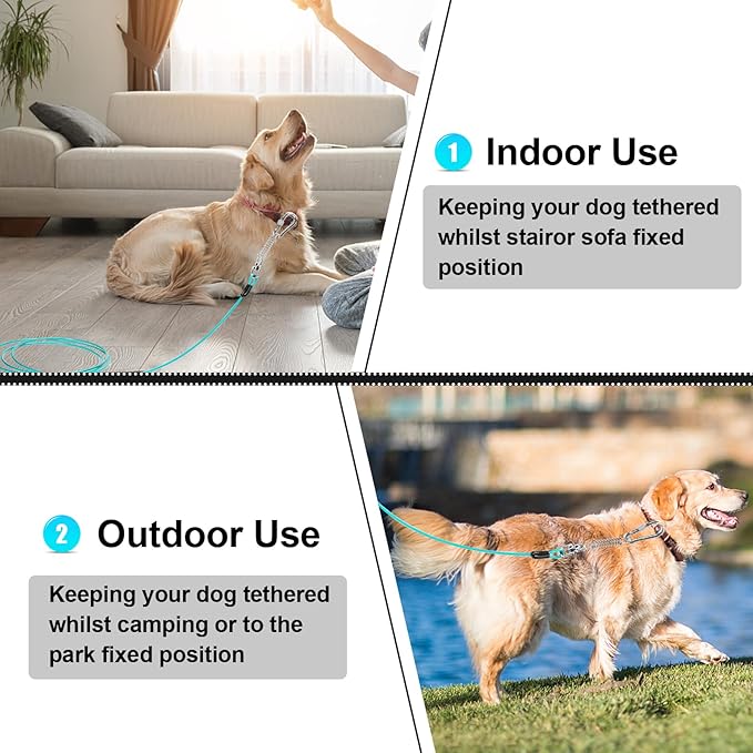 jenico Dog Tie Out Cable, 10/15/20/30/40/50/70/100/150FT Dog Runner Cable with Swivel Hook and Shock Spring, Dog Leash Run Tether for Yard Outdoor and Camping,for Small to Medium Pets Up to 500 LBS