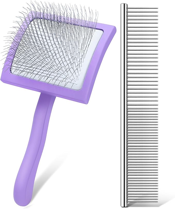 Slicker Brush for Dogs, Long Pin Dog Grooming Brush for Goldendoodles, Poodles, Doodles &amp; More, Includes Bonus Pet Comb, Perfect for De-Shedding, Dematting &amp; Reducing Tangles. Large, Purple