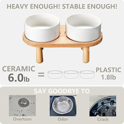 Ceramic Elevated Dog Bowls, Pet Food and Water Bowl Set for Medium and Small Dogs, 3.5 Cups Dog Bowls Raised with Wood Stand, 29OZ, White