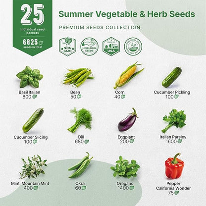 Organo Republic 25 Summer Vegetable &amp; Herb Garden Seeds Variety Pack - 6,820+ Non-GMO Heirloom Veggie &amp; Herb Seeds for Outdoors &amp; Indoor Home Gardening: Tomato, Okra, Bean, Cucumber, Basil, Rosemary