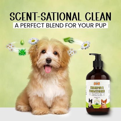 POM Pets 2-in-1 Organic Dog Shampoo &amp; Conditioner – Itchy Skin Relief, Dog Deshedding, Detangles Fur, Cat Shampoo, Paw Cleaner for Dogs, Natural Coat Defense Formula