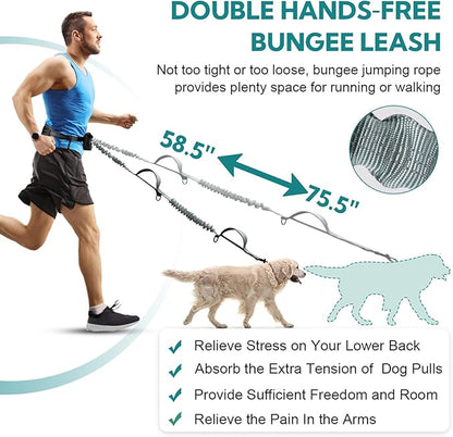 Hands Free Dog Leash with Pouch, Adjustable Waist Belt with Double Padded Handles, Waist Leash for Dog Walking, Dog Leash with Bungee for Medium &amp; Large Dog, Dog Walking Accessories, Olive