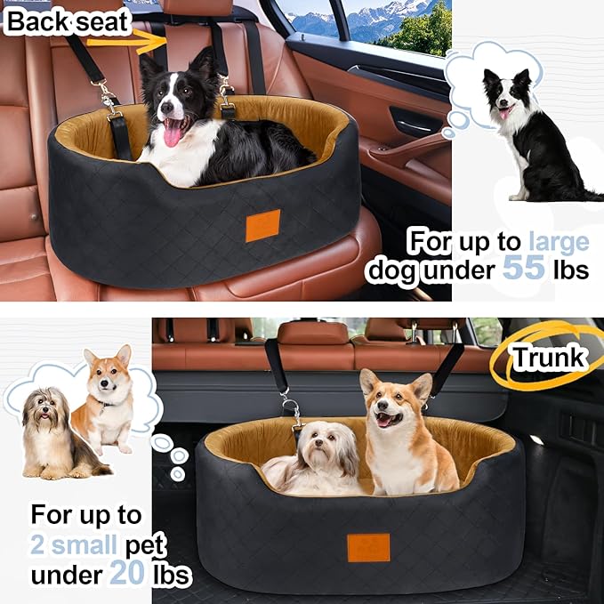 Dog Car Seat for Medium &amp; Large Dogs up to 55 lbs, Elevated Booster Seat with Anti-Slip Base, Detachable &amp; Machine-Washable Pet Car Bed for SUV/Sedan (Black/Brown)
