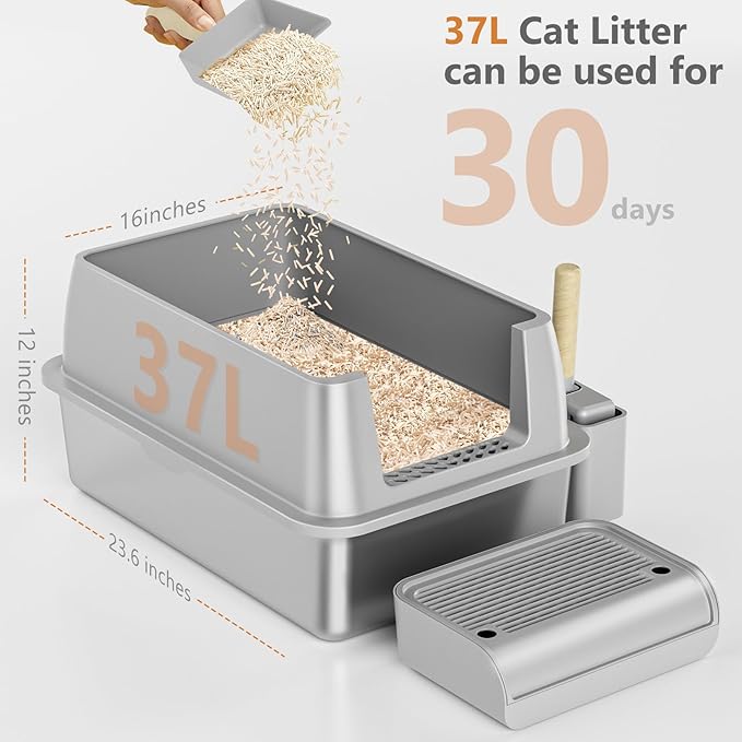Stainless Steel Cat Litter Box with Lid, XL Extra Large Litter Box for Big Cats, Enclosed Removable Metal Litter Boxs with High Sided Enclosure &amp; Scoop, Anti-Leakage, Non-Sticky, Easy Cleaning(Grey)