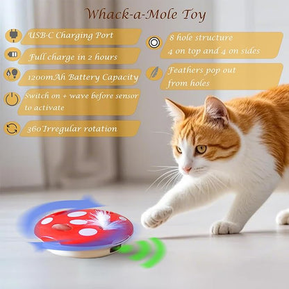 Interactive Cat Toy Automatic Mushroom - Whack-a-Mole Game with Rotating Feathers for Indoor Cats, Hide &amp; Seek Rechargeable Toys Boredom Relief Adult Kittens, Safe Chew Proof Design (Red)