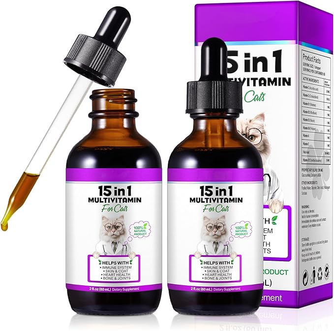 Cat Multivitamin,15 in 1 Cat Vitamins Liquid Drops Supplements for Heart Health, Bones, Joint, Skin &amp; Coat, Bladder, Immune System Support 60ml-2pcs