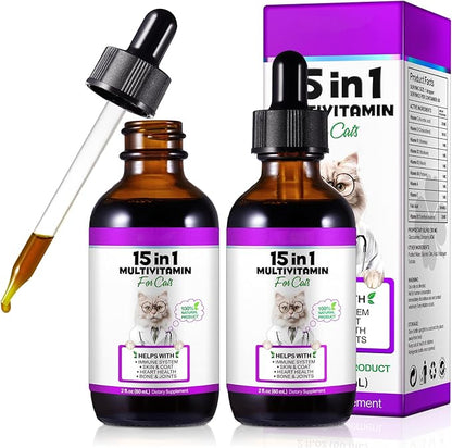 Cat Multivitamin,15 in 1 Cat Vitamins Liquid Drops Supplements for Heart Health, Bones, Joint, Skin &amp; Coat, Bladder, Immune System Support 60ml-2pcs