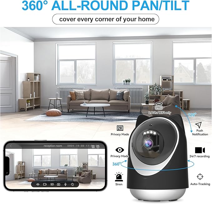 Security Camera Indoor,Wi-Fi &amp;Two-Way Audio,Indoor Camera for Home,Baby/Dog/Cat/Pet Camera with Phone App,Night Vision,Motion Tracking, Compatible with Alexa (Black)