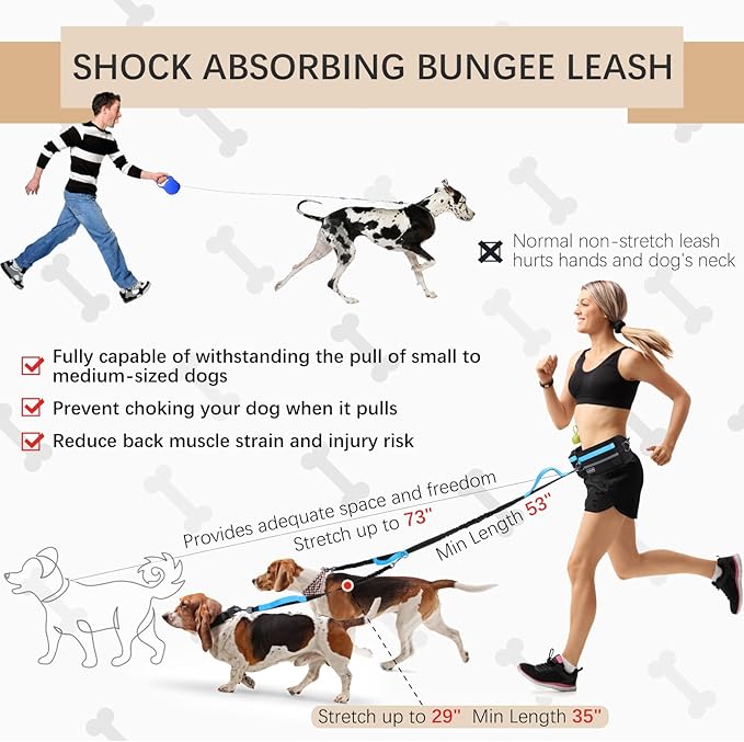 Hands-Free Waist Leash with Pouch for Two Dogs,Reflective Stitching, Dual Handle &amp; Bungee Retractable Design – Ideal for Medium to Large Dogs (Blue) – Dog Walking Accessories