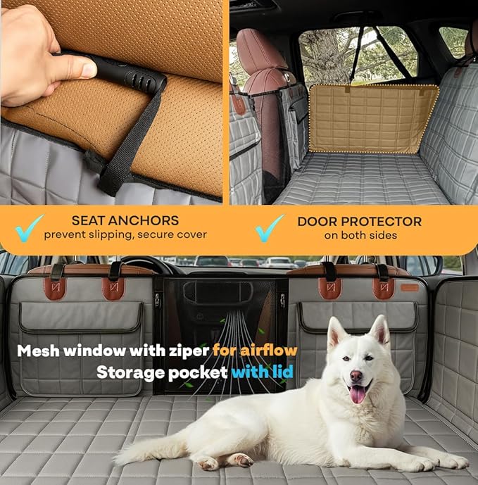 APetsPlanet Dog Car Seat Cover for Back Seat Hard Bottom - Waterproof Backseat Extender for Dogs - Pet Hammock Bed for Car, Truck, SUV with Mesh Window &amp; Storage - Gray Leather, with Door Covers