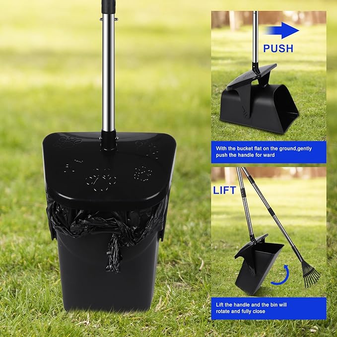 Dog Poop Scooper with 20 Bag Attachment Long Handle Swivel Bin, Rake &amp; Spade Heavy Duty Easy to Clean Pooper Scooper for Large Medium Dogs Pet Waste Removal Solution for Yard, Grass, Gravel