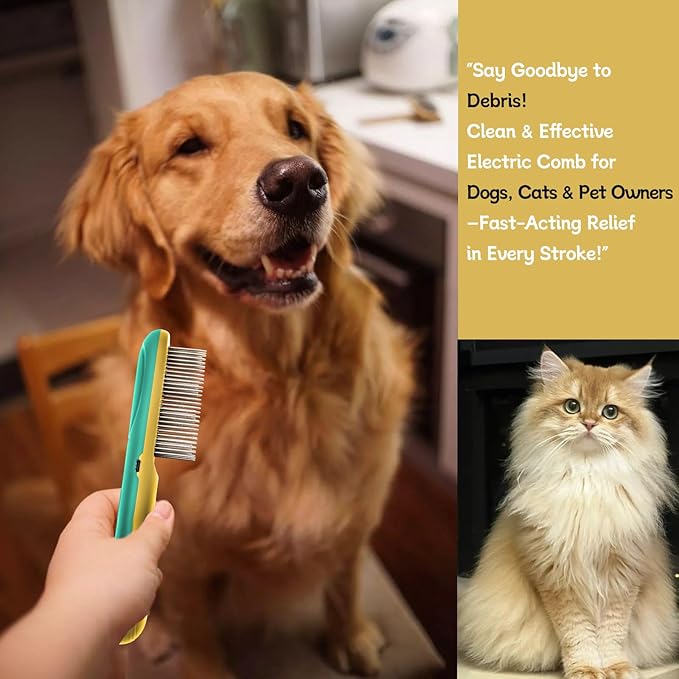 Premium Flea Comb for Dogs &amp; Cats with Long Hair - 3-Row Stainless Steel Detection Tool with Manual Cleaning Brush | Electric Negative Ion Grooming Comb for Shaggy Dogs, Cats and Long-haired Animals