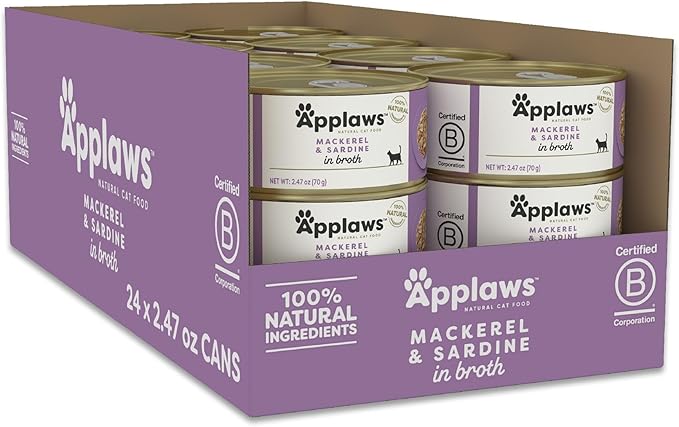 Applaws Natural Wet Cat Food in Broth, Limited Ingredient Canned Wet Cat Food, No Additives, Made with Natural Ingredients, Mackerel &amp; Sardine in Broth (24 x 2.47oz Cans)